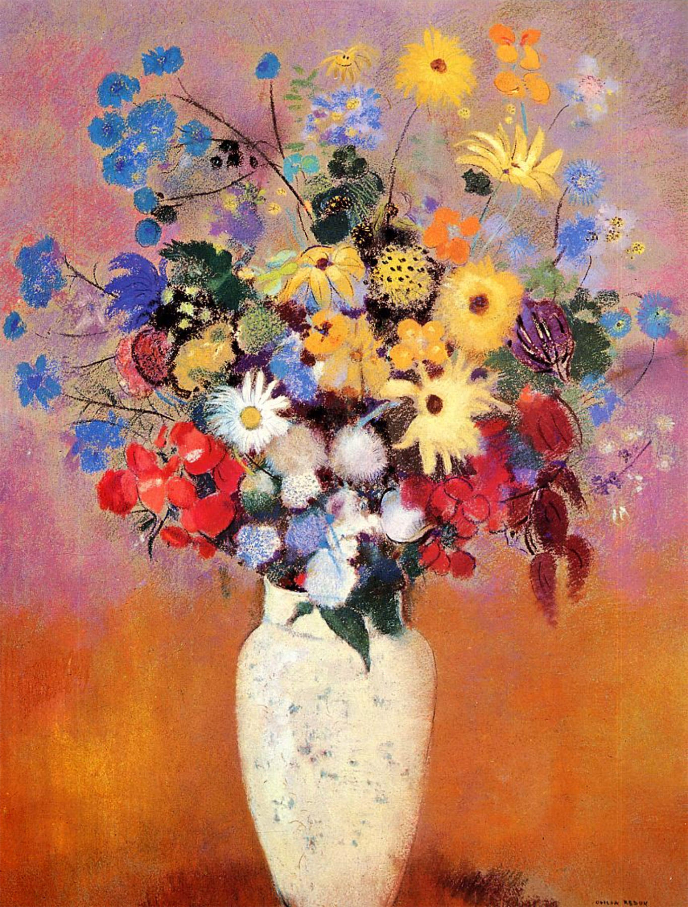 A painting by Odilion Redon called "White Vase with Flowers." A vase holds a vibrant bouquet of multicolored flowers, including yellows, blues, reds, and whites, against a textured, softly blended orange and purple background.