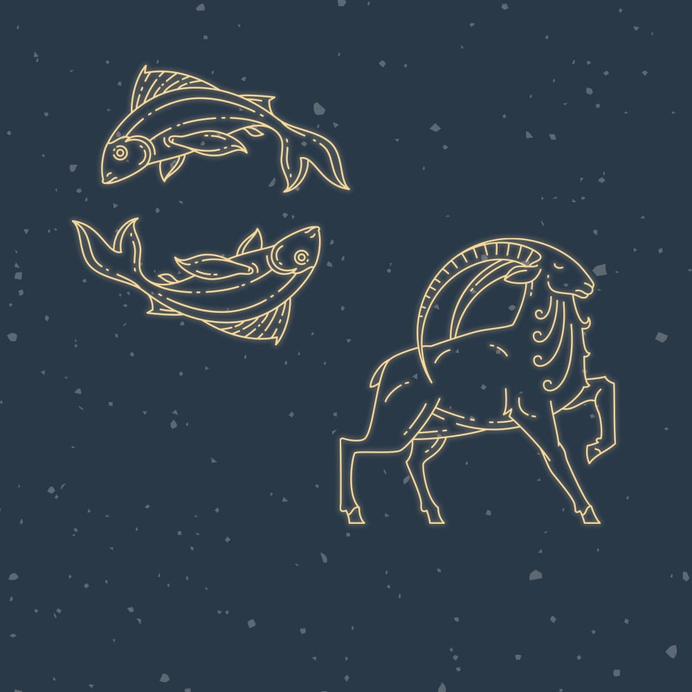 Two glowing constellation illustrations of Pisces (two fish) and Capricorn (a goat) against a dark starry sky backdrop.