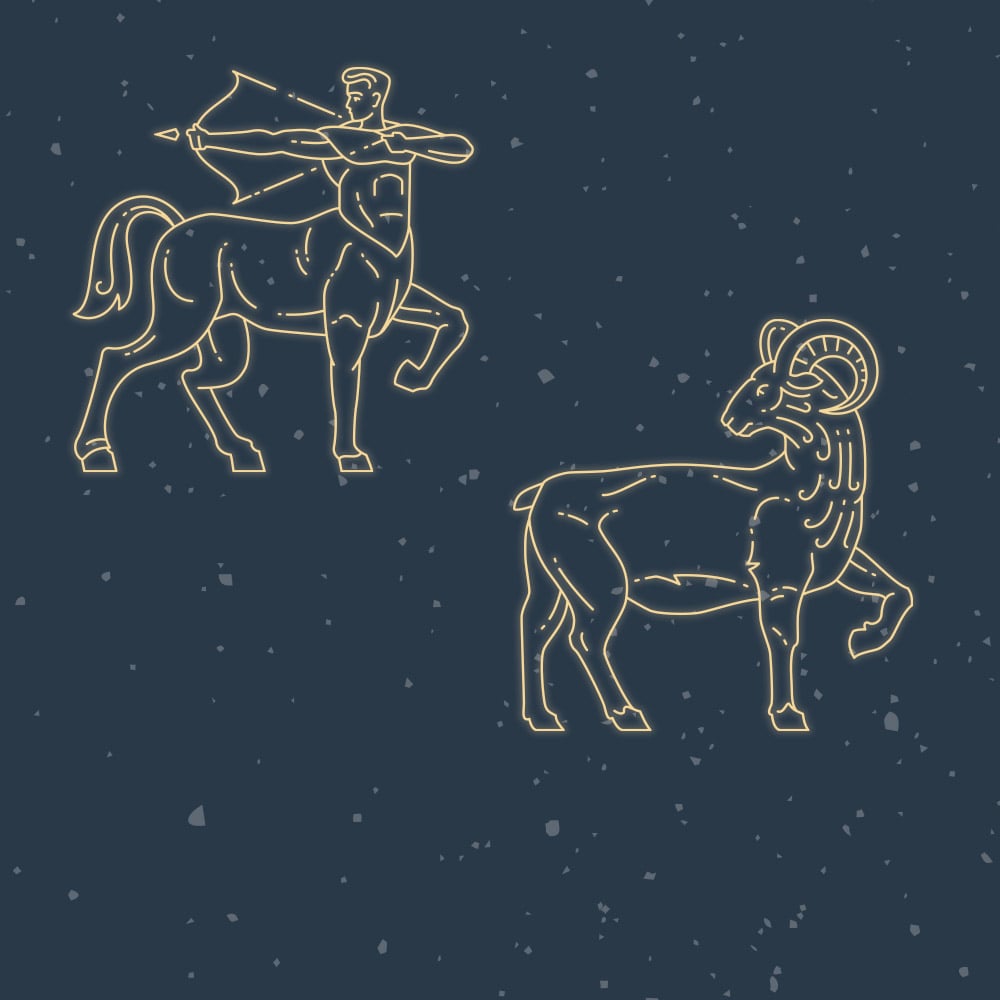 Two yellow-outlined zodiac constellations against a dark blue starry background: a centaur archer aiming an arrow (Sagittarius) to the left and a ram (Aries) below.