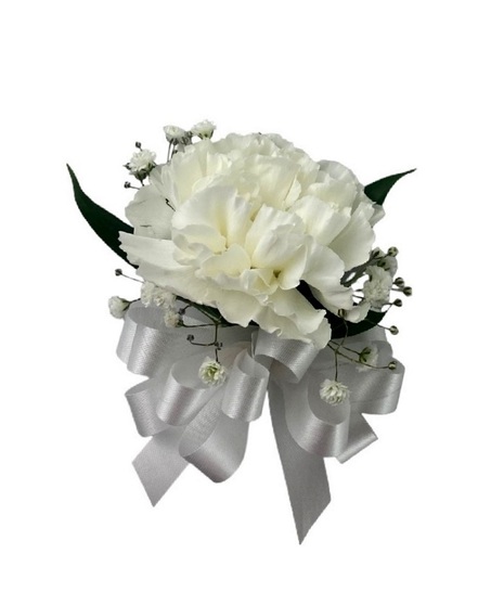 white carnation corsage with ribbon accent