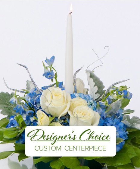 blue and white floral arrangement