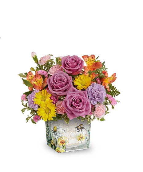 pink flower arrangement in fuchsia vase