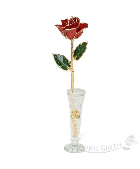 Red Rose Tipped in 24K Gold with Crystal Vase