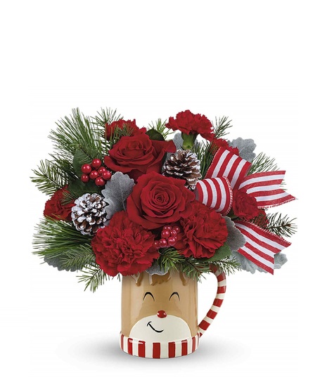 penguin with cheerful Christmas flowers