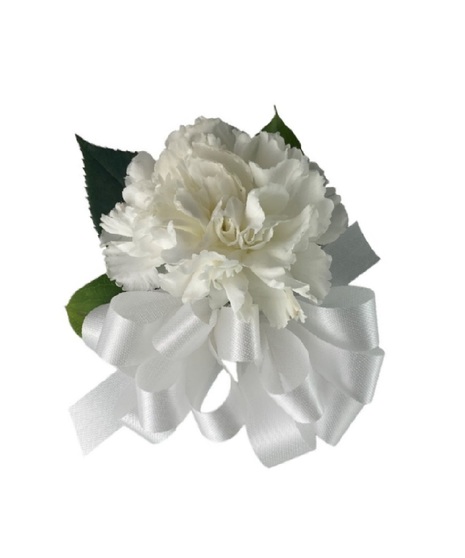 white carnation corsage with ribbon accent